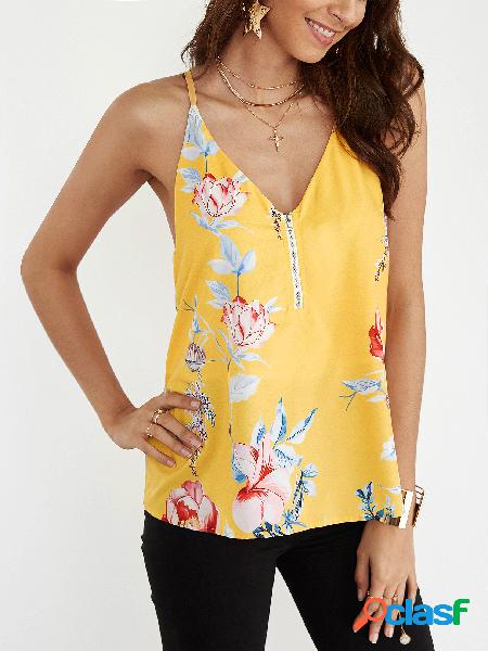 Top Cami con cuello en V y estampado floral amarillo con