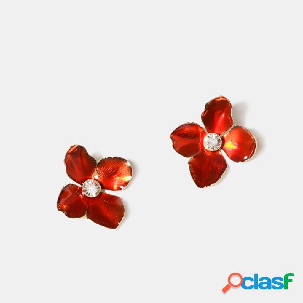 Trendy Flame Red Oreja Stub Crystal Flower Pendientes Para