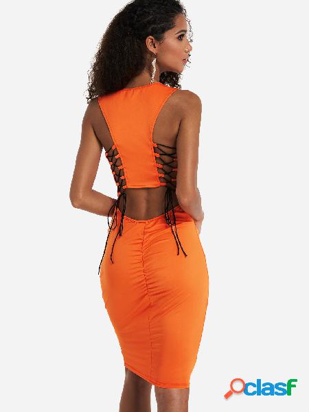 Vestido acanalado con diseño de cordones de color naranja