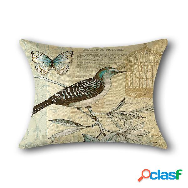 Vintage Birds Floral Print Lino Throw Pillow Cover Home Sofa