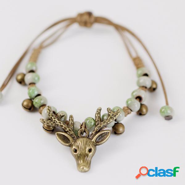 Vintage Deer Head Charm Bracelet Small Bell Cera cuerda con