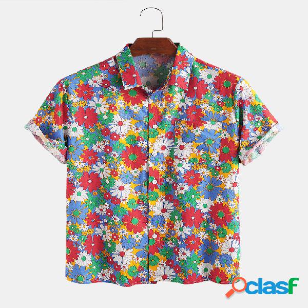 100% algodón Colorful Daisy Printed Lapel Casual Holiday