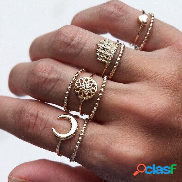 9 Unids Bohemian Ring Set Vintage Moon Heart Flower Crown