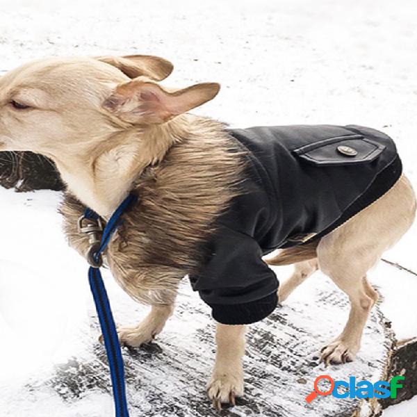 Abrigos de cuero con cuello de piel para mascotas