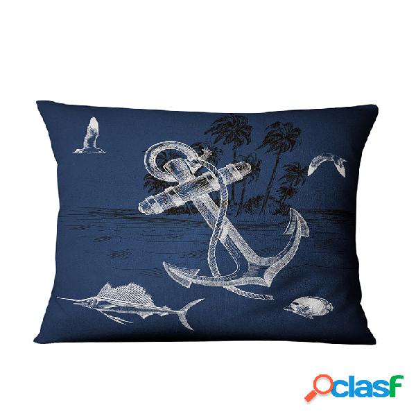 Almohada de lino de algodón estilo océano azul marino Caso