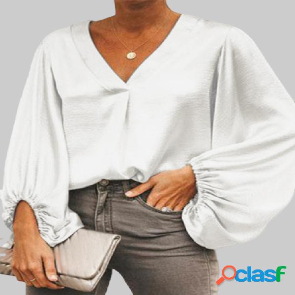 Blusa suelta con mangas de burbuja, color sólido Plus,