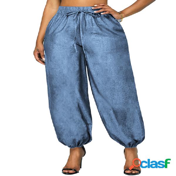 Bolsillos elásticos en la cintura Plus Talla Harem Denim