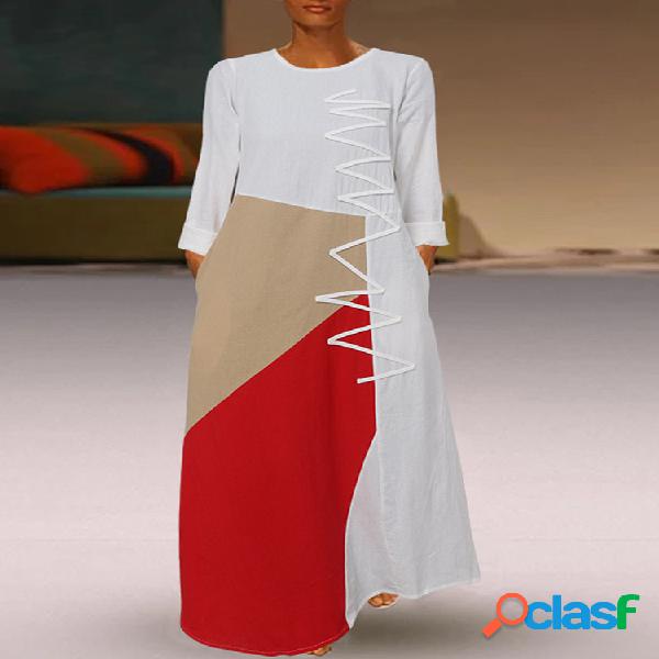 Bordado Colorblocks Patchwork O-cuello vendimia Maxi Plus