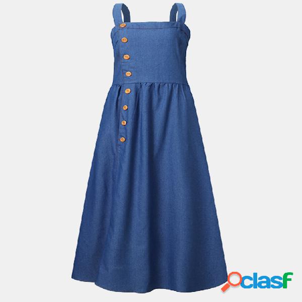 Botón Color sólido Tirantes Denim Maxi Vestido Para Mujer