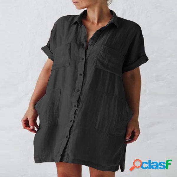 Botón de cuello de solapa de color liso Camisa Vestido Con