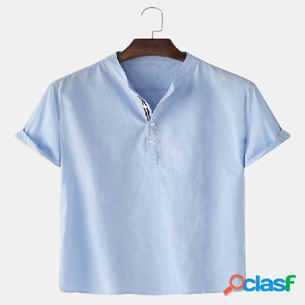 Camisas henley de manga corta casual con cuello alto de lino