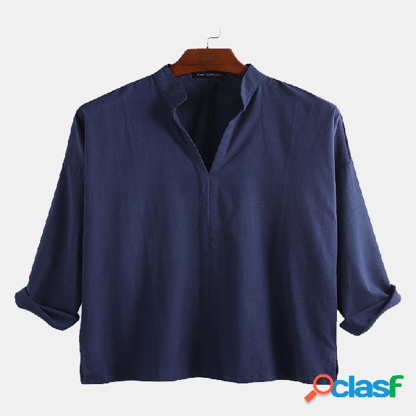 Camiseta de manga larga con cuello alto de algodón y lino