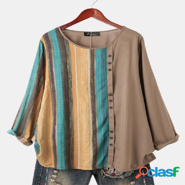 Camiseta de manga larga con cuello redondo y patchwork a
