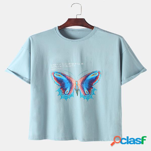 Camisetas sueltas de color sólido con estampado de mariposa