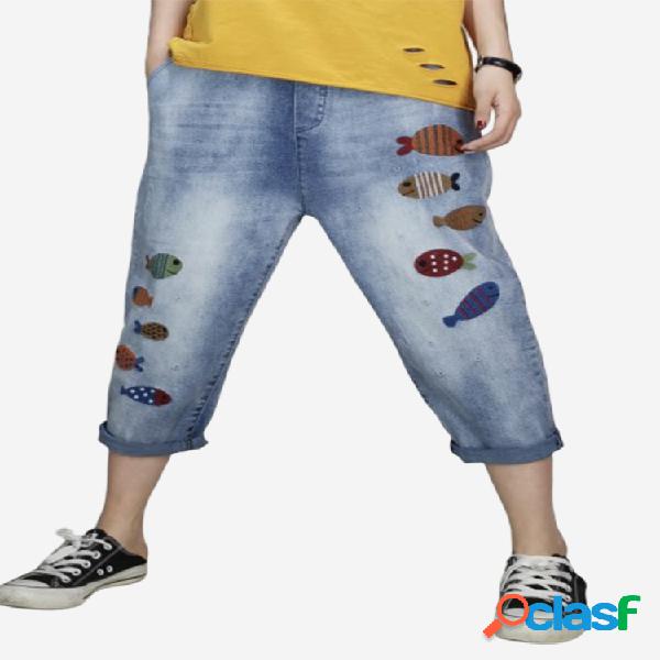 Cartoon Fish Patch Casual Jeans para Mujer