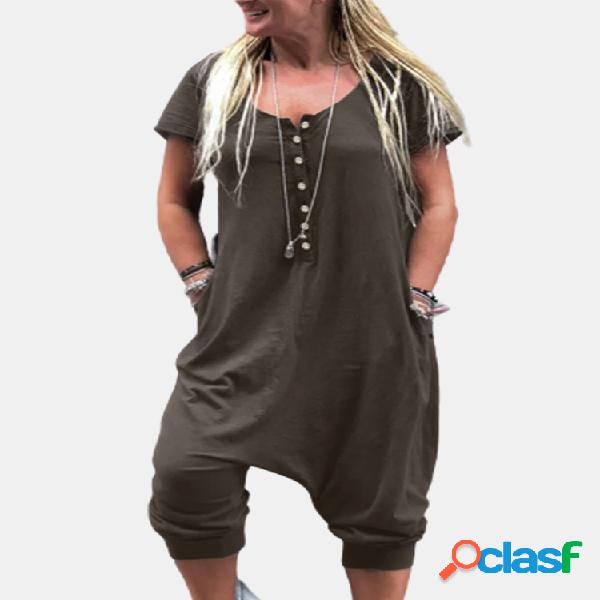 Casual Drop Crotch Color sólido Manga corta Plus Talla Mono