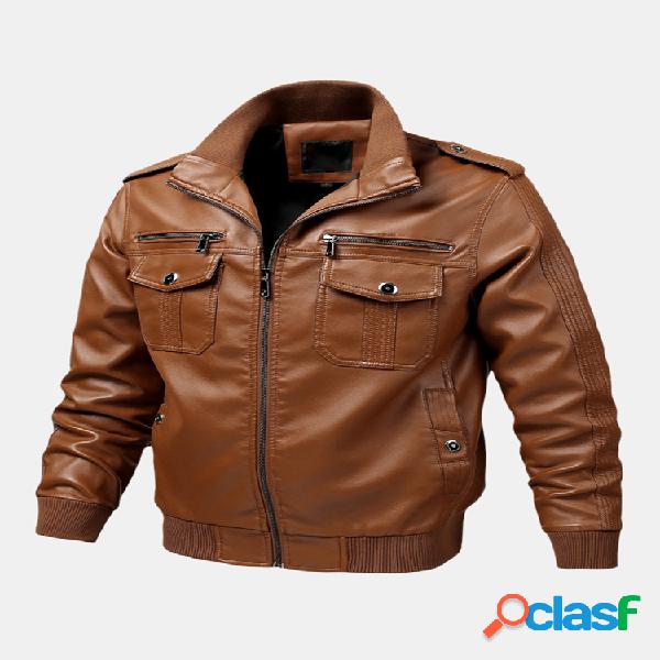 Chaquetas de moda de cuero para hombre Bolsillos múltiples