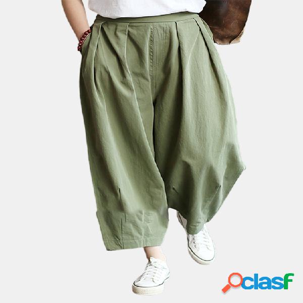 Color sólido plisado suelta cintura alta casual Pantalones