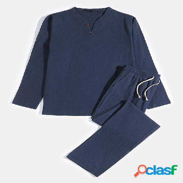Conjunto de pijama liso de lino para hombre, cómodo y