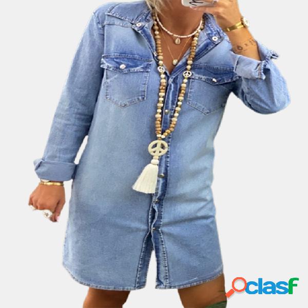 Denim Color sólido Casual Manga larga Vestido Para Mujer