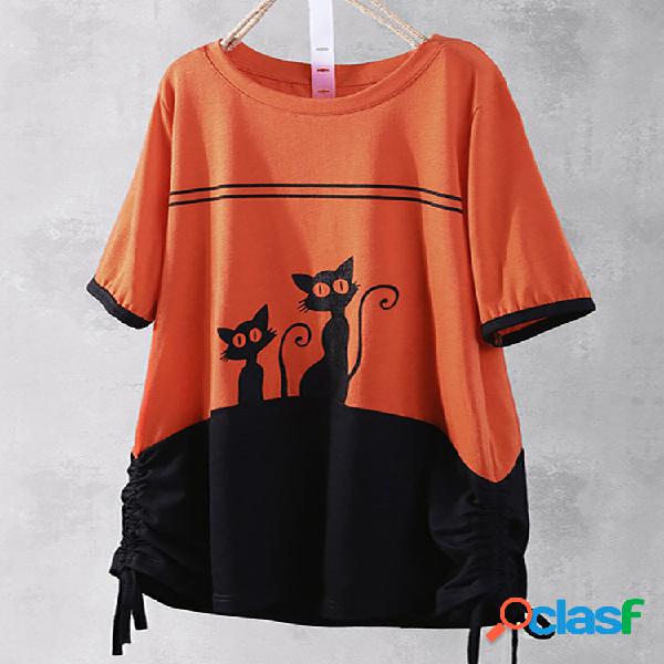 Dibujos animados Gato Blusa estampada de retazos de cuello