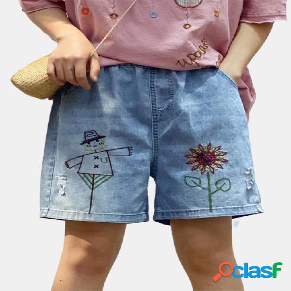 Dibujos animados bordado floral cintura elástica pantalones