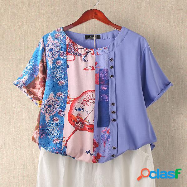 Estampado Patchwork O-cuello Plus Talla Camiseta