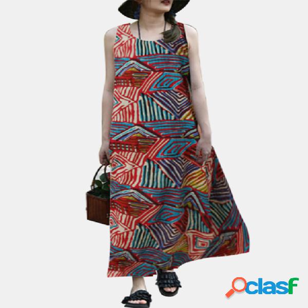 Estampado geométrico sin mangas A-line Plus Talla Vestido