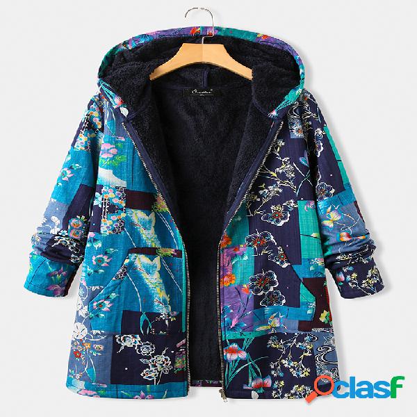 Fleece con estampado floral vintage Plus Abrigo con capucha