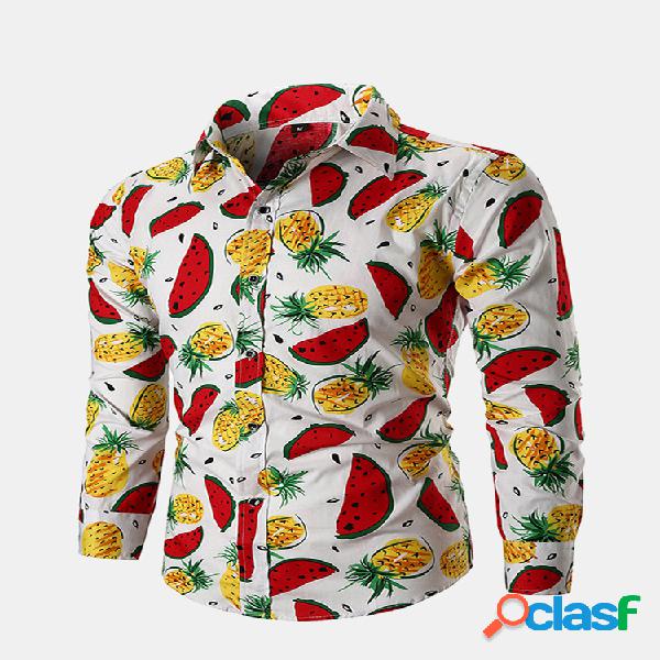 Fruit Impreso Turn Down Collar Casual manga larga Camisa