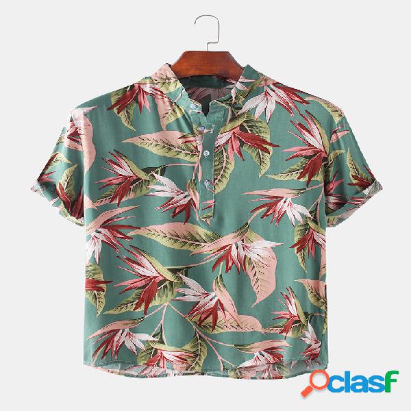 Henley de manga corta estampada floral para hombre Camisa