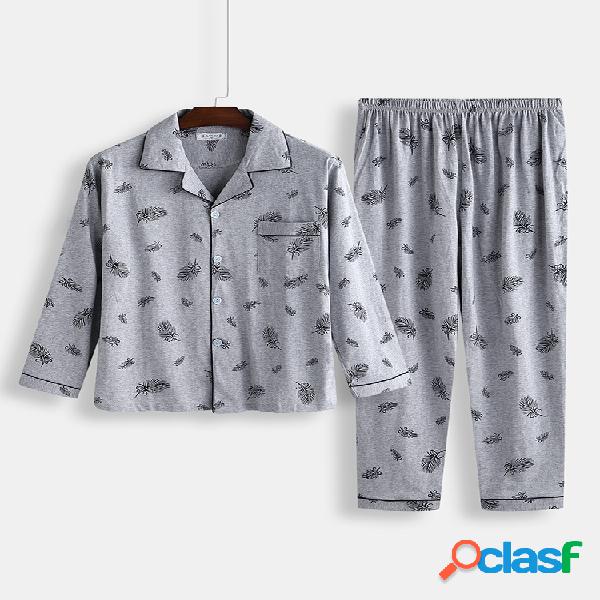 Hombre Hoja Conjunto de pijama de algodón estampado Botones
