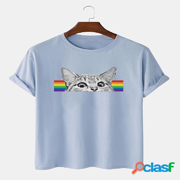 Hombres 100% algodón Cute Rainbow Gato camiseta informal