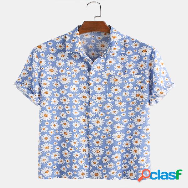 Hombres Daisy Print Chest Pocket Holiday Casual Camisa