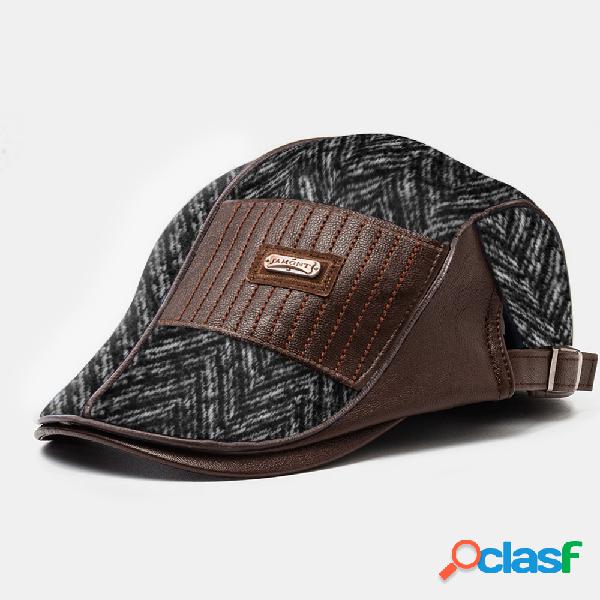 Hombres de lana de cuero Patchwork moda boina gorra plana