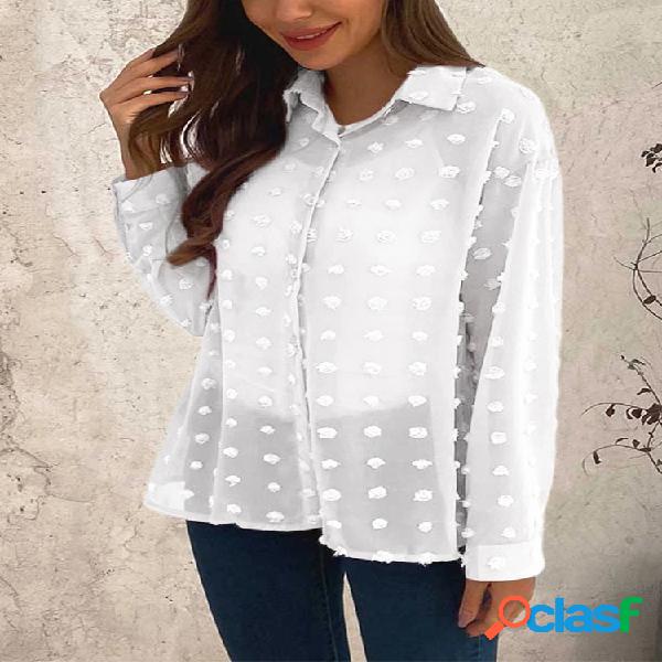 Jacquard Color sólido Manga larga Plus Talla Camisa para