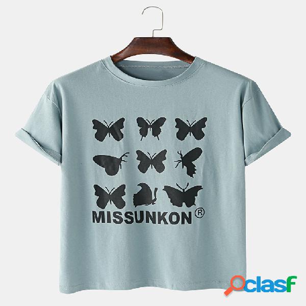 Mens Butterfly Printed Cotton Round Cuello Camisetas de