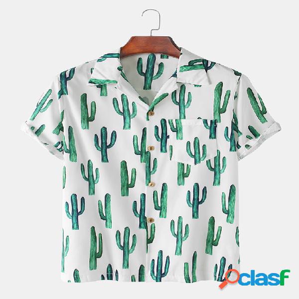 Mens Cactus Impreso Light Revere Collar Casual Camisas de