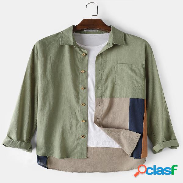 Mens Cotton Patchwork Daily Loose Long Sleeve Shirts With