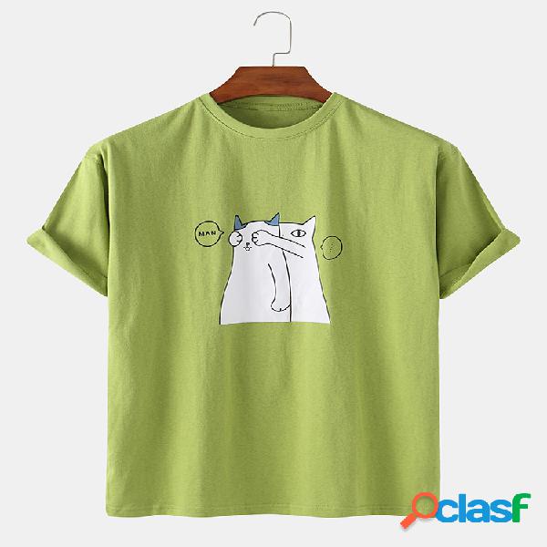 Mens Cute Cartoon Gato Print Color sólido Camisetas sueltas