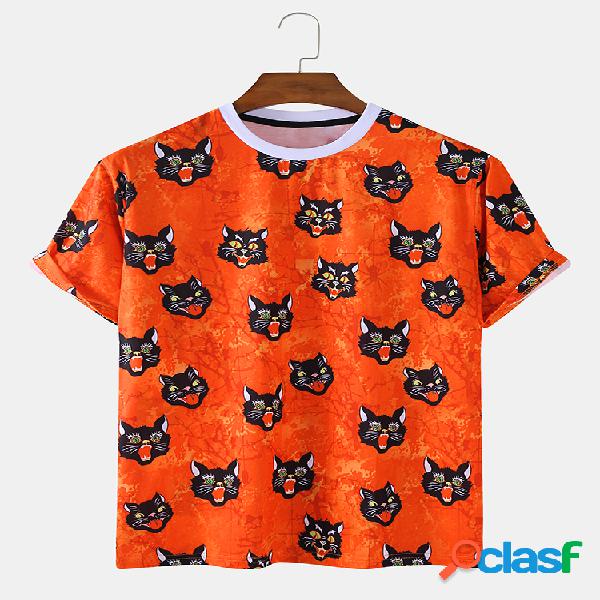 Mens Fun Gato Print Holiday camiseta de manga corta