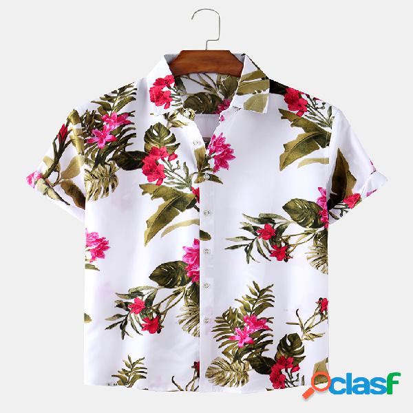 Mens Holiday Planta Impreso Camisas casuales de manga corta