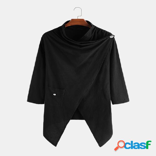 Mens liso 100% algodón blusa irregular cuello chal