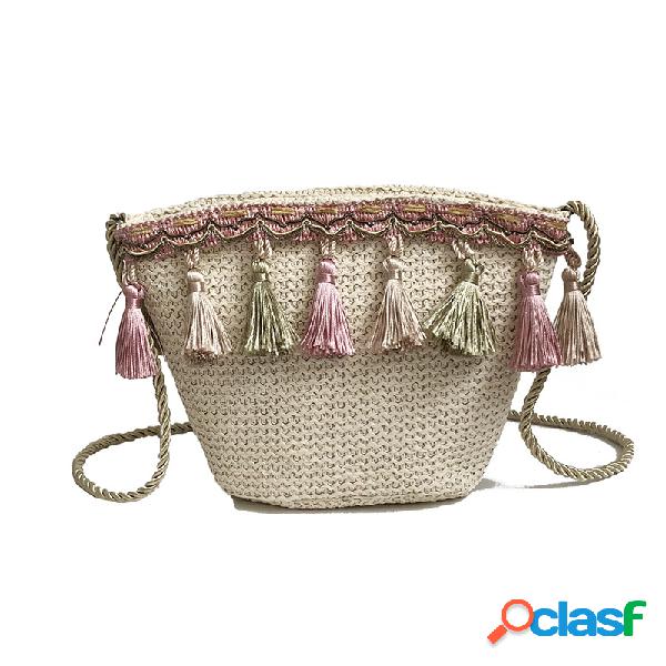 Mujer Borla Paja Bolsa Hombro Bolsa