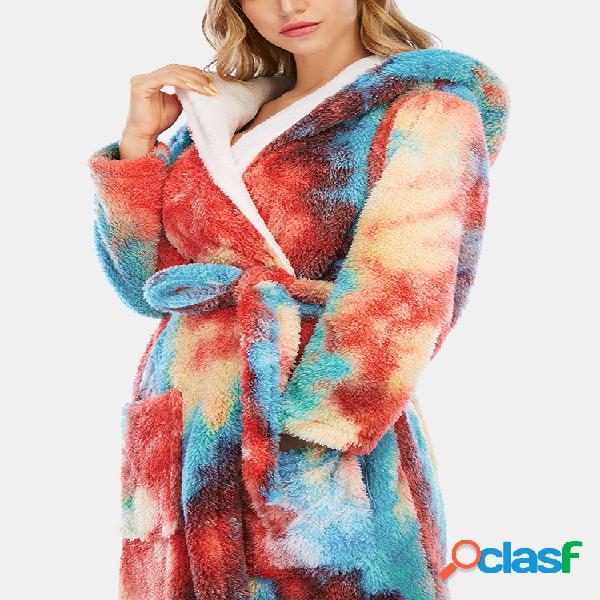 Mujer Colorful Polar de coral con teñido anudado, bolsillos