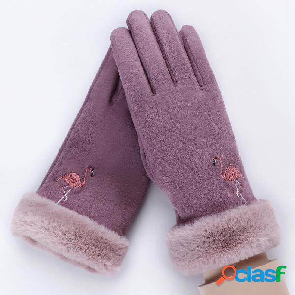 Mujer Warm Suede Guantes Bordado al aire libre Pantalla