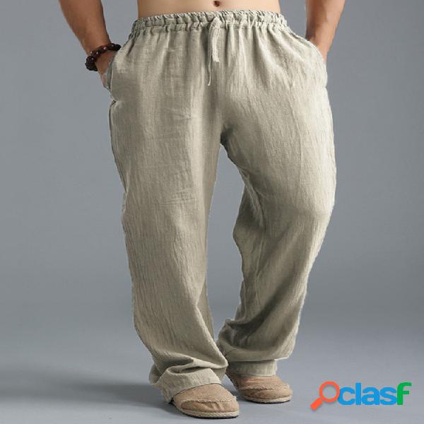 Pantalón de lino de algodón transpirable de color sólido