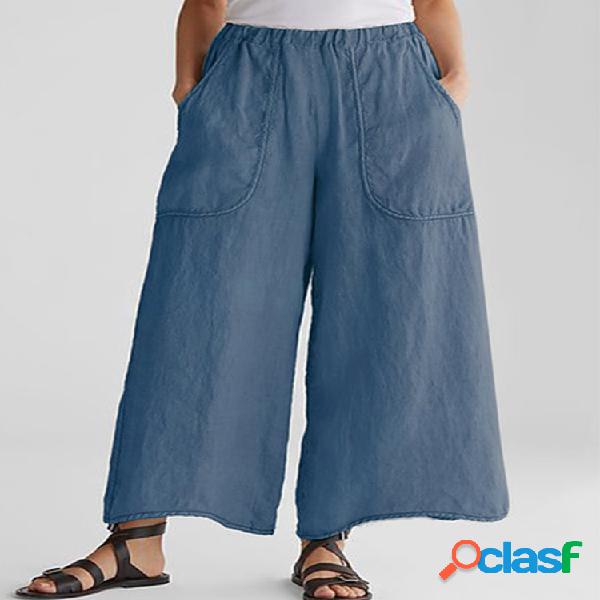 Pantalones capris anchos sueltos con bolsillos de color liso