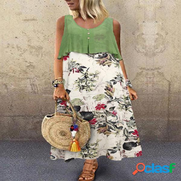 Patchwork Estampado Floral Sin Mangas Plus Talla Vestido
