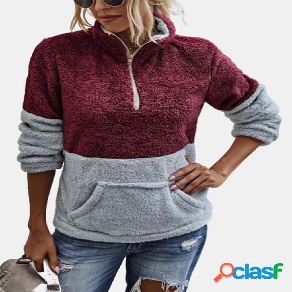 Patchwork manga larga alta Cuello Sudadera con cremallera y